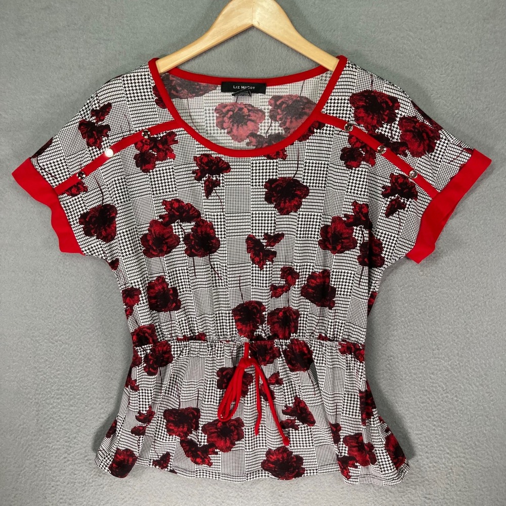 Liz McCoy Womens Top Floral Peplum Short Sleeve Red Black Stretch Blouse